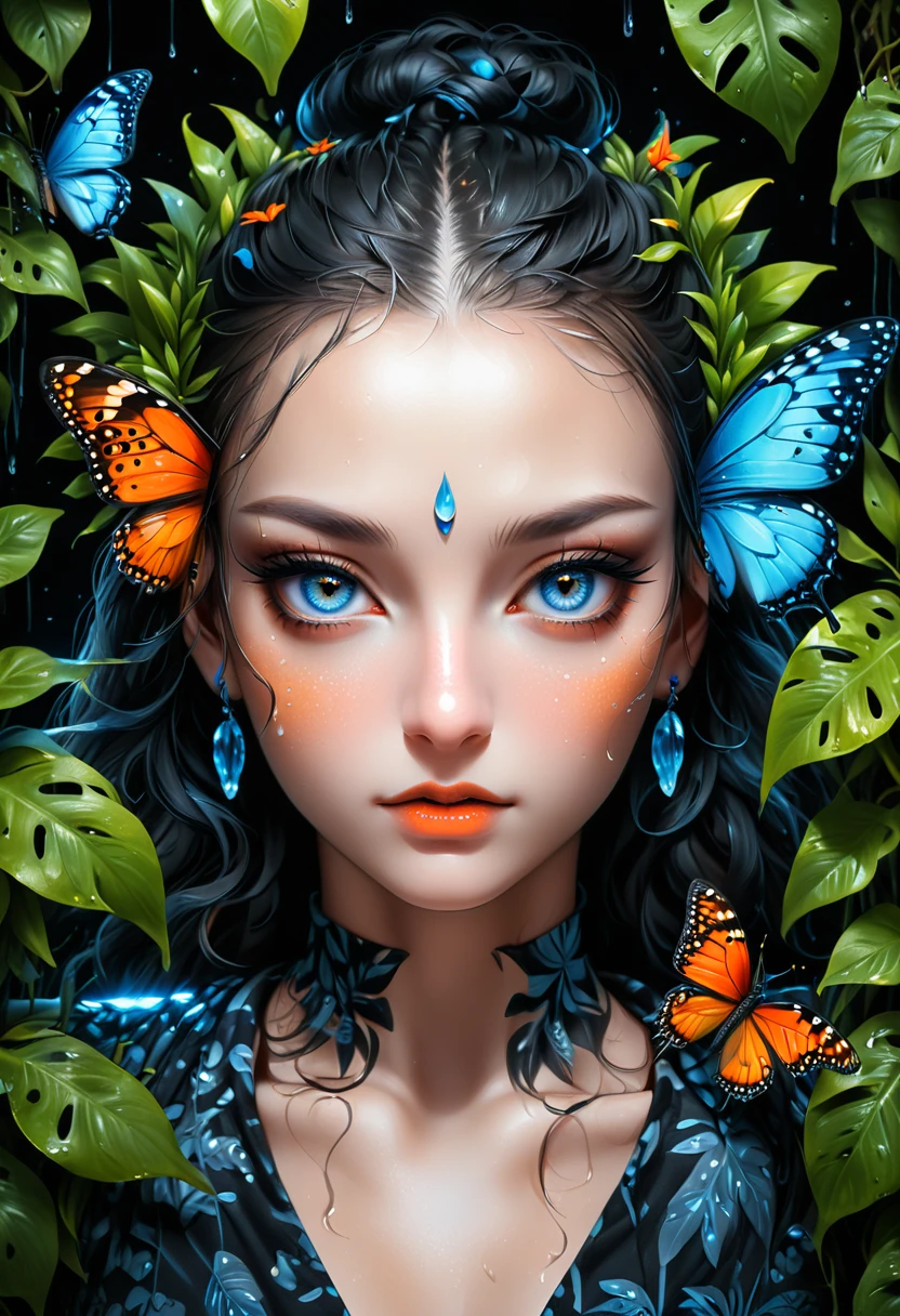 Lush plants,A fierce leopard in the jungle,1leopard,orange piercing eyes,black and white,dark background,photorealistic,realistic,high quality,high resolution,ultra detailed,masterpiece,studio lighting,cinematic lighting,dramatic lighting,Blue glowing butterfly,Water drops on leaves