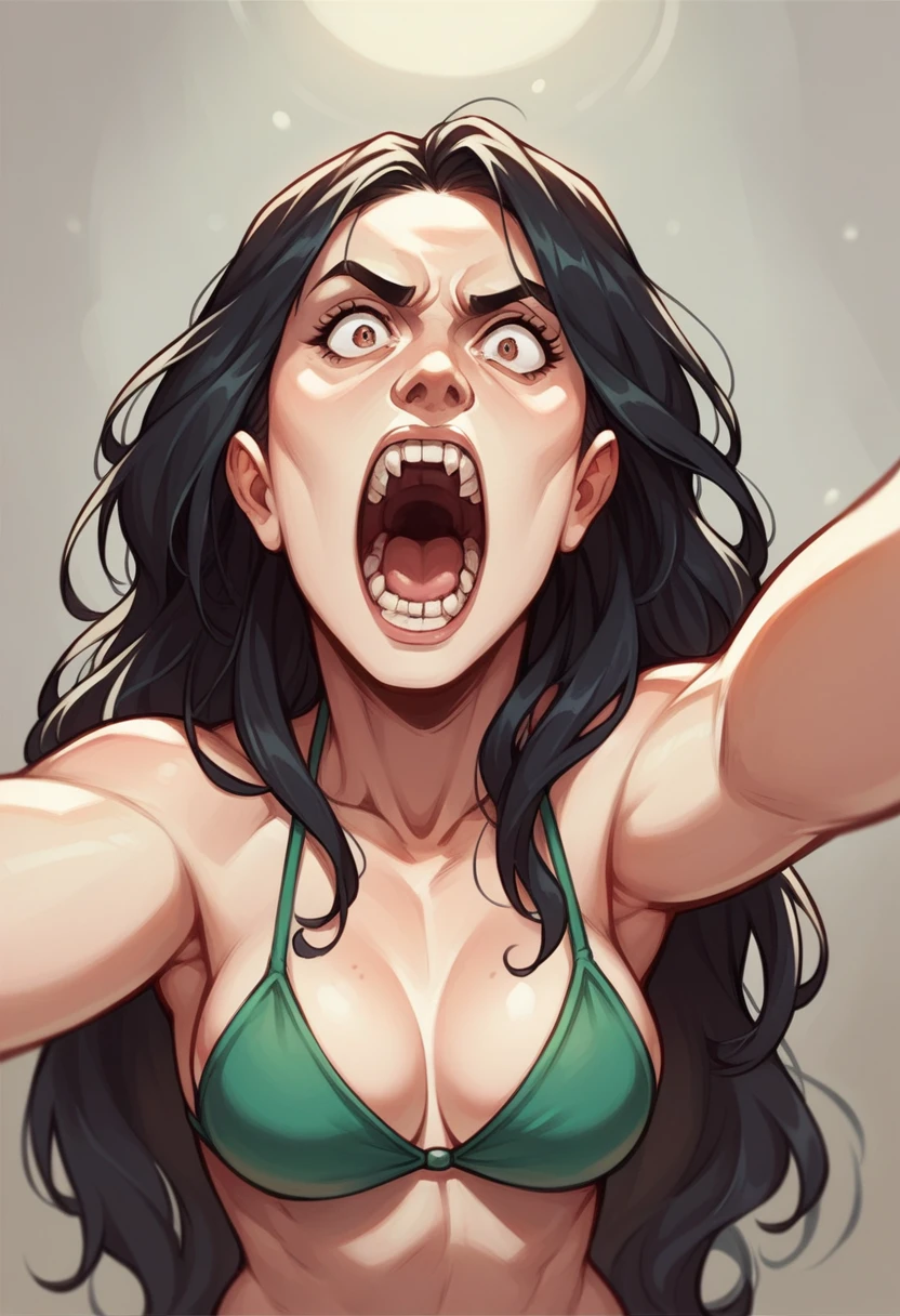 ((best qualityer)), ((work of art)), (detailded), 1 girl, roaring 20s, looking at the camera, Selfie, Grinning, long hair, wavyhair, dark haired, Bikini vermelho, na praia