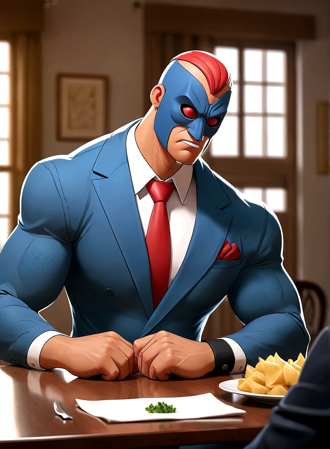 comic artwork of a muscular man in a business suit, wearing a wrestling mask, sitting at a dinner table, crosshatching, 2D, Sharp, Detailed, HD, HDR, High Quality, High Resolution, Masterpiece, single panel