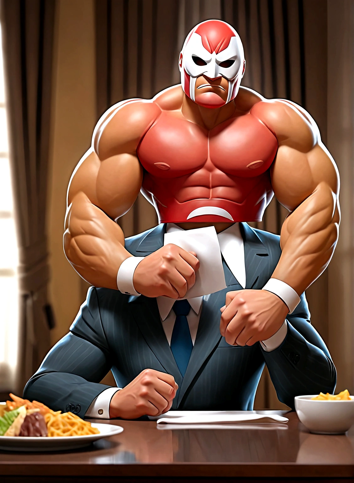 comic artwork of a muscular man in a business suit, wearing a wrestling mask, sitting at a dinner table, crosshatching, 2D, Sharp, Detailed, HD, HDR, High Quality, High Resolution, Masterpiece, single panel
