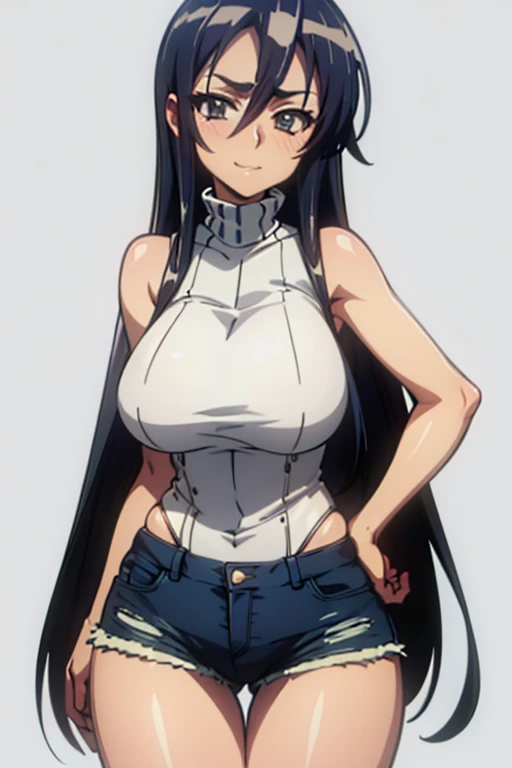 ((masterpiece,Highest quality,Ultra high definition,High resolution,8K,Ultra high definitionCG))Browsing Caution,Clear margins,A very beautiful adult woman in her 20s,1 person,Slender figure,Very ample large breasts,Upturned breasts,(Draw from the waist up),(White skin),Black Hair,Black Eyes,Thick eyelashes,Thin eyebrows,Super Long Hair,Center-parted bangs,Cute eyes,A slightly shy smile,(White sleeveless turtleneck),(Shorts)