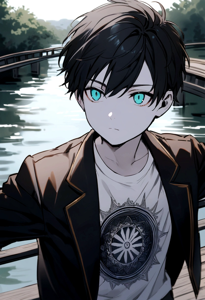 -year-old, Blahair, Cyan eyes, pale skin, On the bridge over the river, black jacket, White printed T-shirt