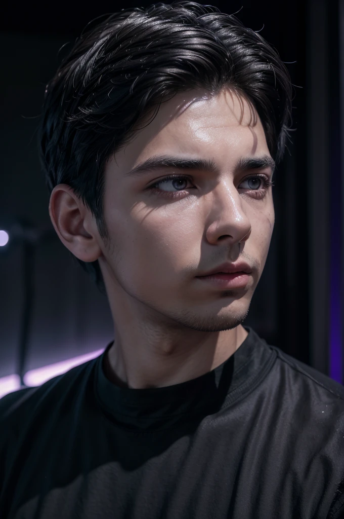 a young hispanic boy with short hair in a black shirt, highly detailed vfx portrait, jared aura and wires, amazing lighting effect, extremely moody purple lighting, darksynth character portrait, nft portrait, 8k portrait rendering, epic portrait and stylish, high quality portrait, 8K portrait photo, profile portrait, 3d render