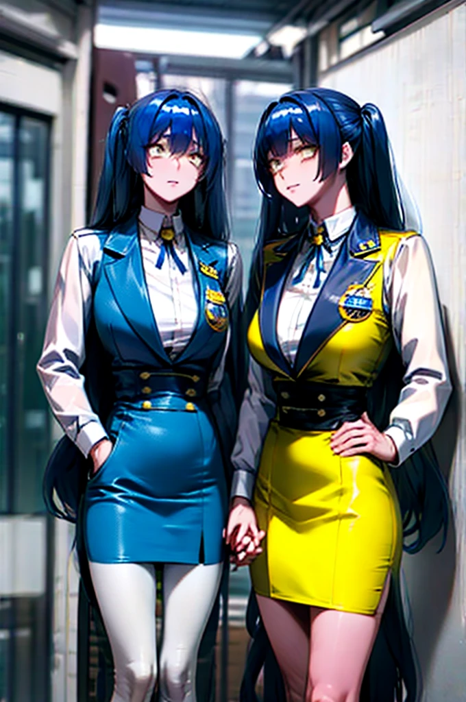 long hair, blue hair, yellow eyes, (twintails:1.1) blue suit, skirt, shirt, , badge on the chest、
holding other hand phon