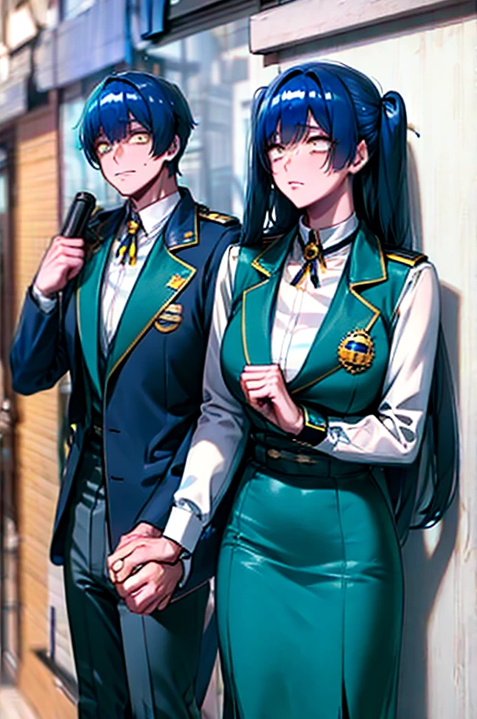 long hair, blue hair, yellow eyes, (twintails:1.1) blue suit, skirt, shirt, , badge on the chest、
holding other hand phon