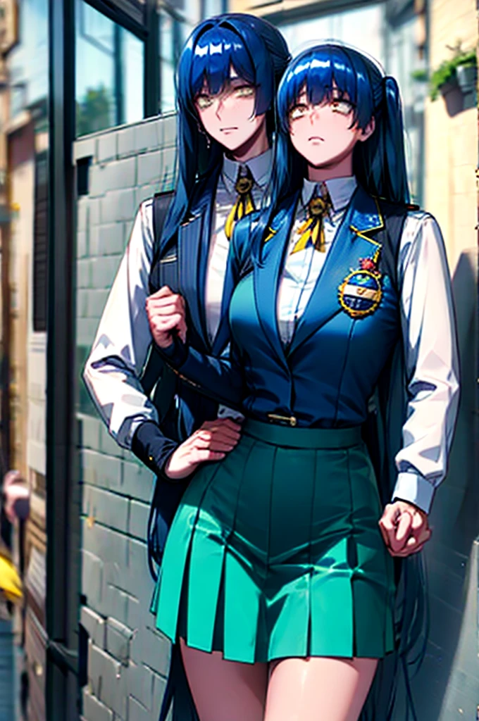 long hair, blue hair, yellow eyes, (twintails:1.1) blue suit, skirt, shirt, , badge on the chest、
holding other hand phon