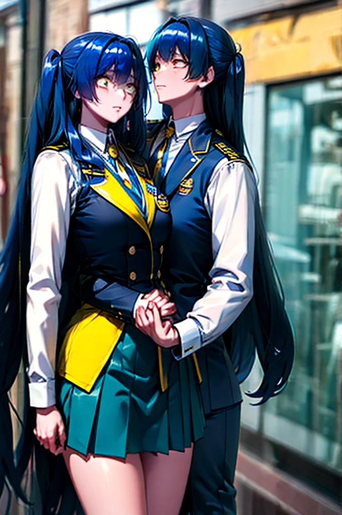 long hair, blue hair, yellow eyes, (twintails:1.1) blue suit, skirt, shirt, , badge on the chest、
holding other hand phon