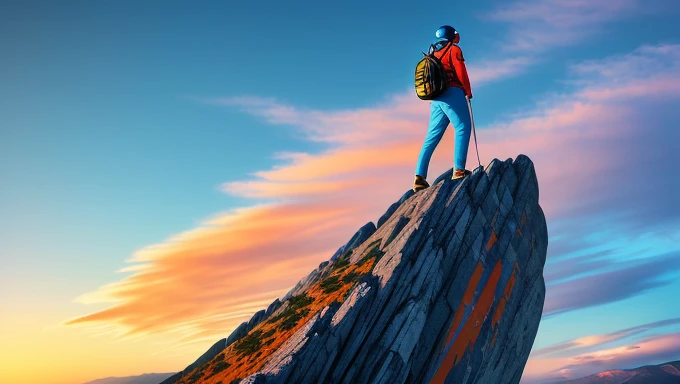 An inspiring and dynamic look, like a person on top of a mountain at sunrise, representing achievements and success.
colors: Use a vibrant, contrasting color palette, como azul, dourado e branco, to attract attention and convey a feeling of optimism and positive energy. hyper realist, cymatographic.