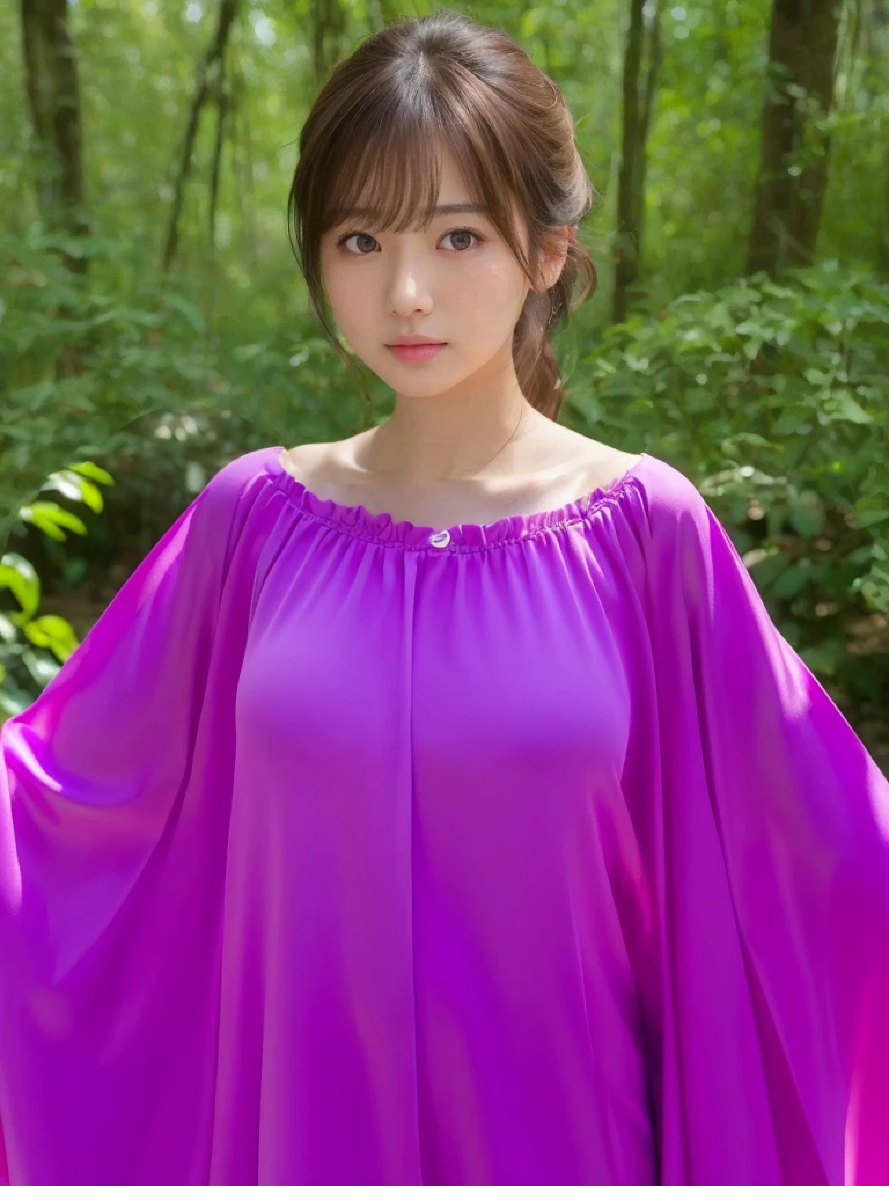 ((forest、F cup、Boobs、Full nudity、Beautiful and shapely breasts、no good、Pink nipples、Light-colored nipples、pink nipples、light colored nipples、Standing pose、From the knee up、Thighs、Full nudity、))、((cute japanese girl、Beautiful Japanese Girl、One girl、clear、19 years old、ponytail、Highly detailed face and skin texture、Elegance、Ultra detailed face、Ultra-detailed eyes、Red、blush、cheek、Pink cheeks、 Forward facing face、Forward-facing body、looking at the camera、front、cute、Smooth white skin、Translucent skin texture、))、(Dark Brown Hair、bangs)、Beautiful woman with perfect style:1.4、Japanese Model、((Highest quality、8K、masterpiece:1.5、1Photos))、(4K、RAW Photos、Highest quality)、(Realistic、Photo realistic:1.6)、Place people across the entire screen、Natural light、professional lighting、Young Gravure Idol、Cute Gravure Idol、Real Engraving Idol、A sophisticated gravure idol、