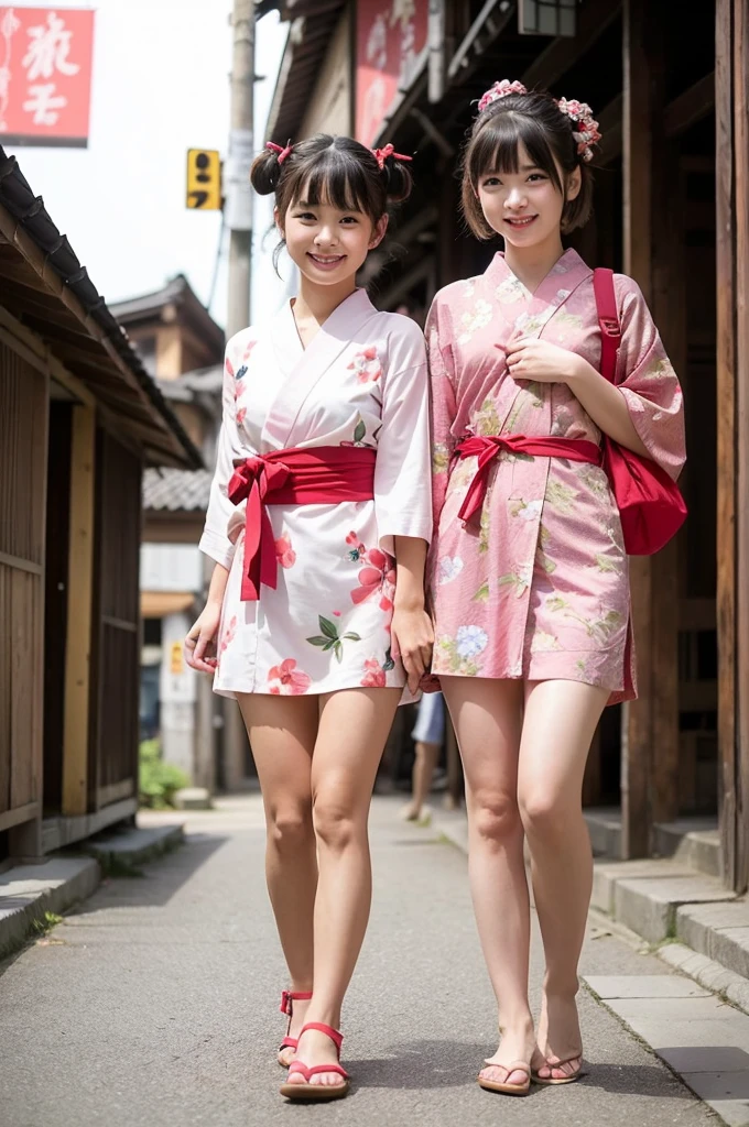 2 girls standing in old-Japanese street,floral pink yukata with red obi,18-year-old,bangs,a little smile,thighs,knees,short hair and low pigtails with red ribbon bow,from before,front light