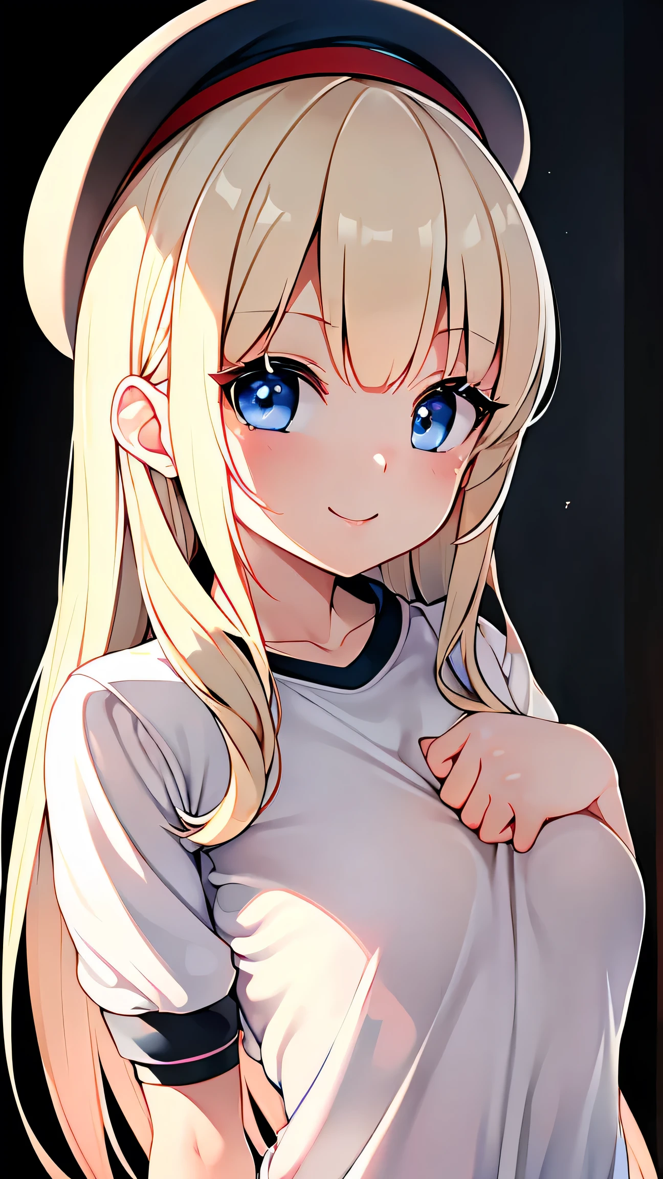 Highest quality,masterpiece,masterpiece portrait,Upper Body, Blonde、Blue Eyes、Pink lips、、White shirt、Black ribbon at chest、cartoonist、(((Slightly erotic)))、Wear a red beret、tilt your head and smile、Anime Style、Beauty、Her background is monochrome black、(((Looking at the camera facing the front)))、Looking up,oil