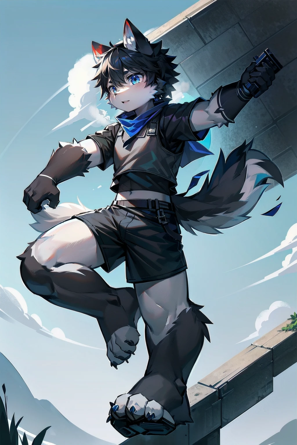 White Wolf,male,juvenile,Off-white fur,black hair,Sky blue eyes,hairy,Wolf ears,Wolf Tail,Black combat uniform,Black body armor,Short sleeve,arm,Holding a gun,aim,Black shorts,Expose calves,foot,Red neck bib,wind,Highest quality
