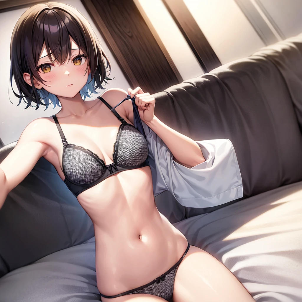 Browsing Caution 4kquality, 最高quality, superior_Mikoto, Brown eyes, short_hair, Ultra-small_chest,)In a hotel bed Blue Lingerie 16Year Sexy pose Fascinating For severe sweating, rip out your white bra、Pink good、Blue Bra、Green bra、Greybra、Light Grey Bra、 Striped bra、Polka dot bra、Good check pattern、Cute Bra、Kids Bra、sporty、camisole、Cotton panties、A penis in front of me,