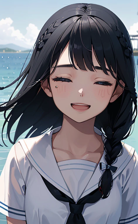 (Photorealistic:1.4)、(15-year-old:1.5),(masterpiece、spot light:1.2、Exquisite beautiful eye:1.5,portlate),(kind eyes、tareme:1.9),(Close-up of face:1.5,face focus:1.5)、(Cute Face、 3D Face)、(black hair:1.5)、(middle hair:1.5),(sidelock :1.5),(blunt bangs:1.3),(1  school girl)、(aqua eyes:1.2)、(upper body:1.5)、(Open mouth happy smile:1.5)),(closed eyes:1.5))、(Hair blowing sideways in the wind:1.4),(single braid:1.5)(head tilt) ,(),(flat ),(),(school sailor uniform:1.5),(Park with an ocean view background:1.5)、()、(serafuku)、Slim Body(),Shiny Hair、girl、zydG