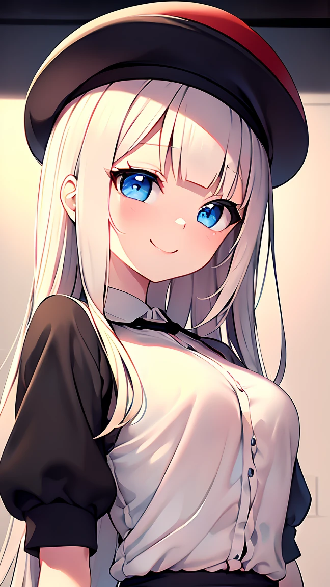 Highest quality,masterpiece,masterpiece portrait,Upper Body,　Blonde、Blue Eyes、Pink lips、、White shirt、Black ribbon at chest、cartoonist、(((Slightly )))、Wear a red beret、tilt your head and smile、Anime Style、Beauty、Her background is monochrome black、(((Looking at the camera facing the front)))、Looking up,oil