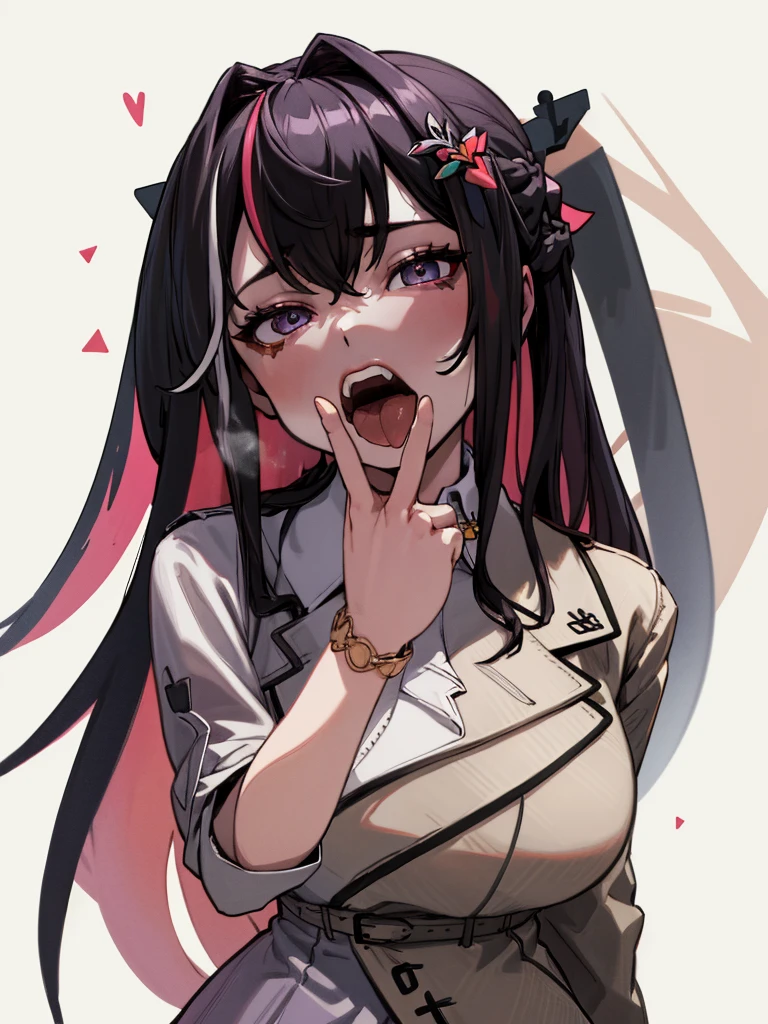 azki_(hololive), 1girl, solo, multicolored hair, pink hair, purple eyes, black hair, hair between eyes, white dress, brown dress, brown jacket, jewelry, long sleeves, x hair ornament, bangs, bracelet, long hair, streaked hair, hairclip, large breasts,,(masterpiece),(best quality),(ultra-detailed),(best illustration),(best shadow),(absurdres),(very aesthetic),looking at viewer,in hotel,in heat,horny,heavy breath,, cunnilingus gesture,open mouth,tongue out,long tongue,front view,portrait,close up,half closed eyes,