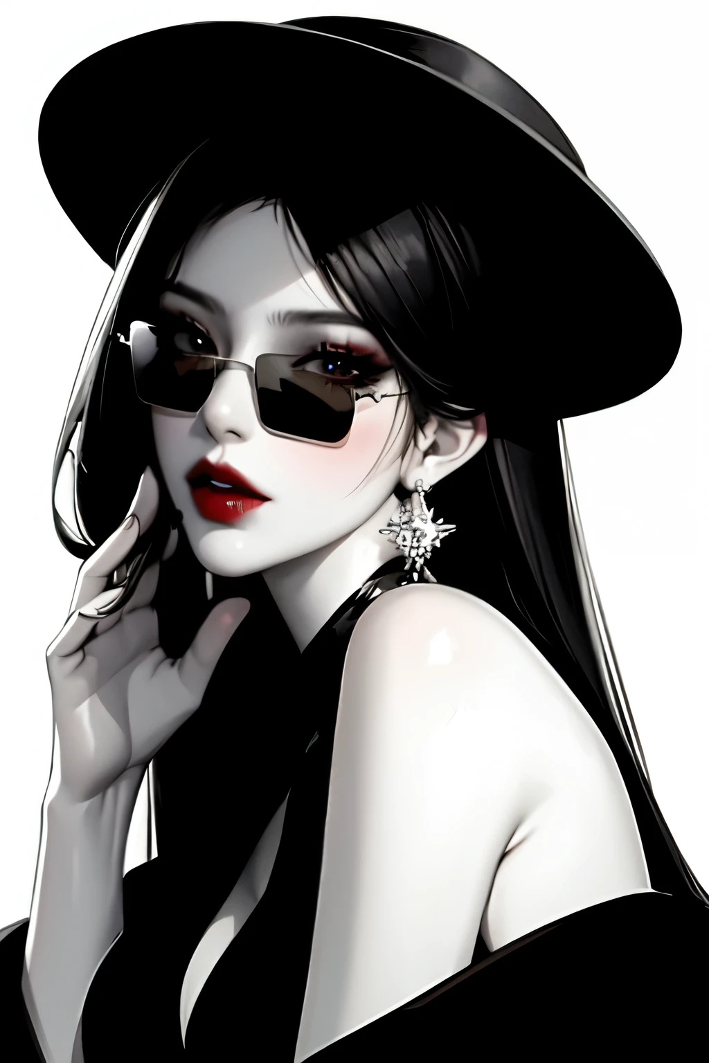 1girl, sunglasses, solo, hat, lipstick, red lips, long hair, dress, plunging neckline, makeup, monochrome, white background, earrings, jewelry, upper body, spot color, hair over shoulder,dark theme,shiny,shiny skin,milf,(mature female:1.2),