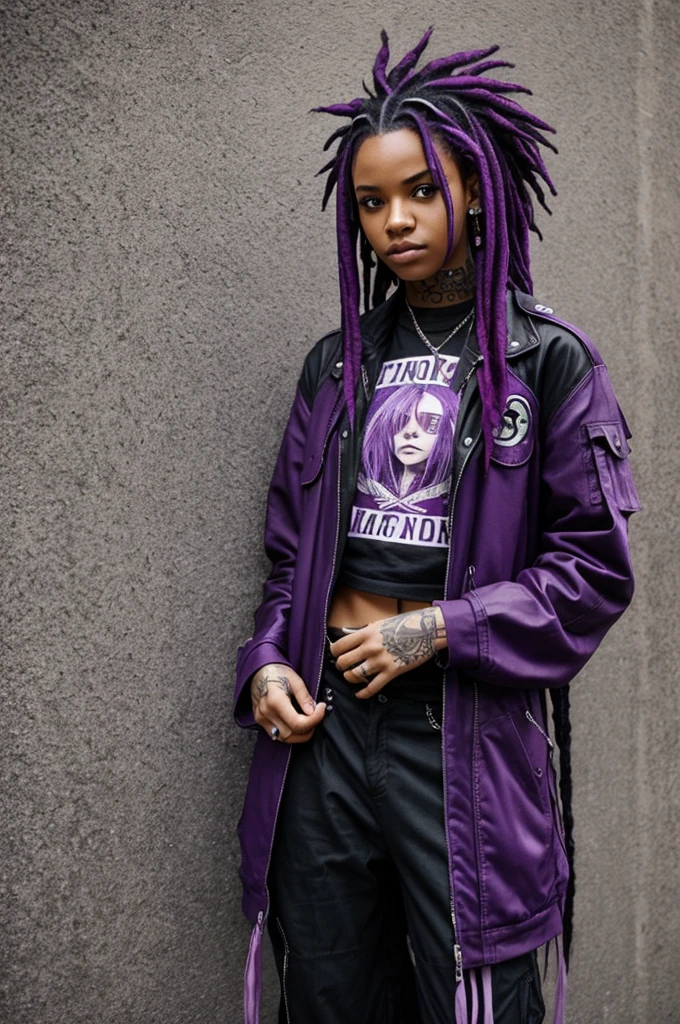 alternative nonchalant dreadhead and emo gangster girl with purple hair spread eagle