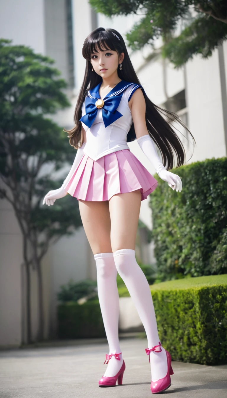 best quality, high quality, sailor senshi unifoem, gloves, boots, bow, brooch,pleated miniskirt, magical girl, earrings, long hair, nsfw, latex, large_breasts, full body, , loli, kprean idol, holding wand, wand, wand effect,agic effect, standing, crossed legs,