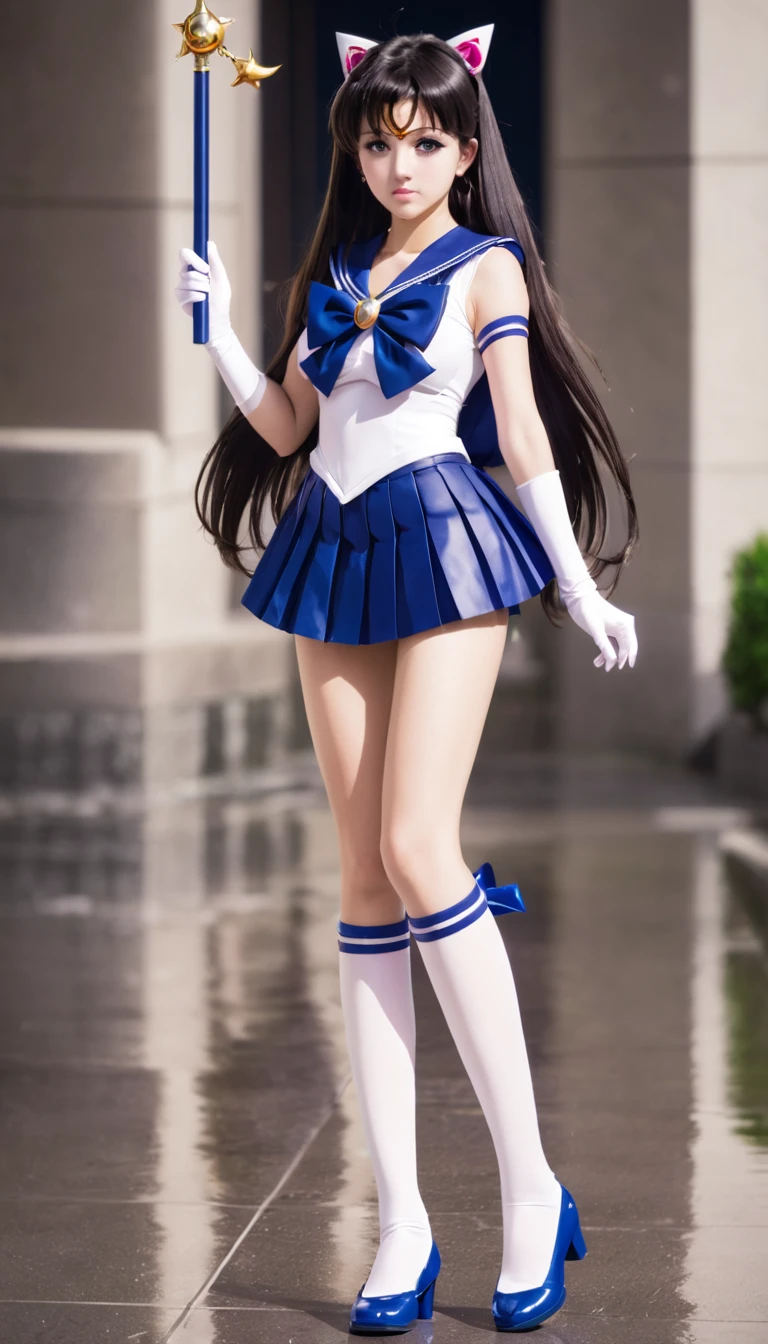 best quality, high quality, sailor senshi unifoem, gloves, boots, bow, brooch,pleated miniskirt, magical girl, earrings, long hair, nsfw, latex, large_breasts, full body, 14 ears old, loli, kprean idol, holding wand, wand, wand effect,agic effect, standing, crossed legs,