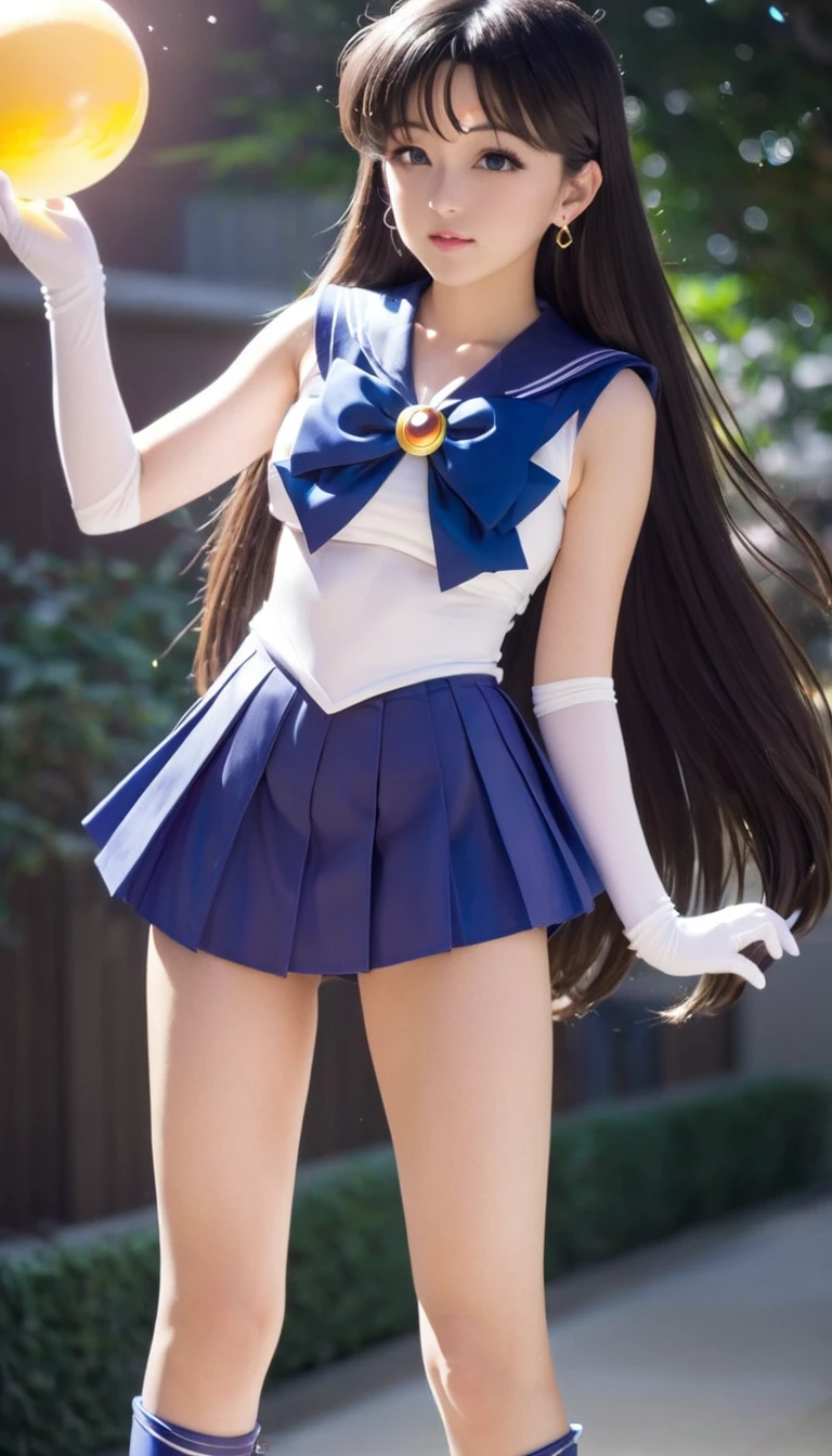 best quality, high quality, sailor senshi unifoem, gloves, boots, bow, brooch,pleated miniskirt, magical girl, earrings, long hair, nsfw, latex, large_breasts, full body, 14 ears old, loli, kprean idol, holding wand, wand, wand effect,agic effect, standing, crossed legs,