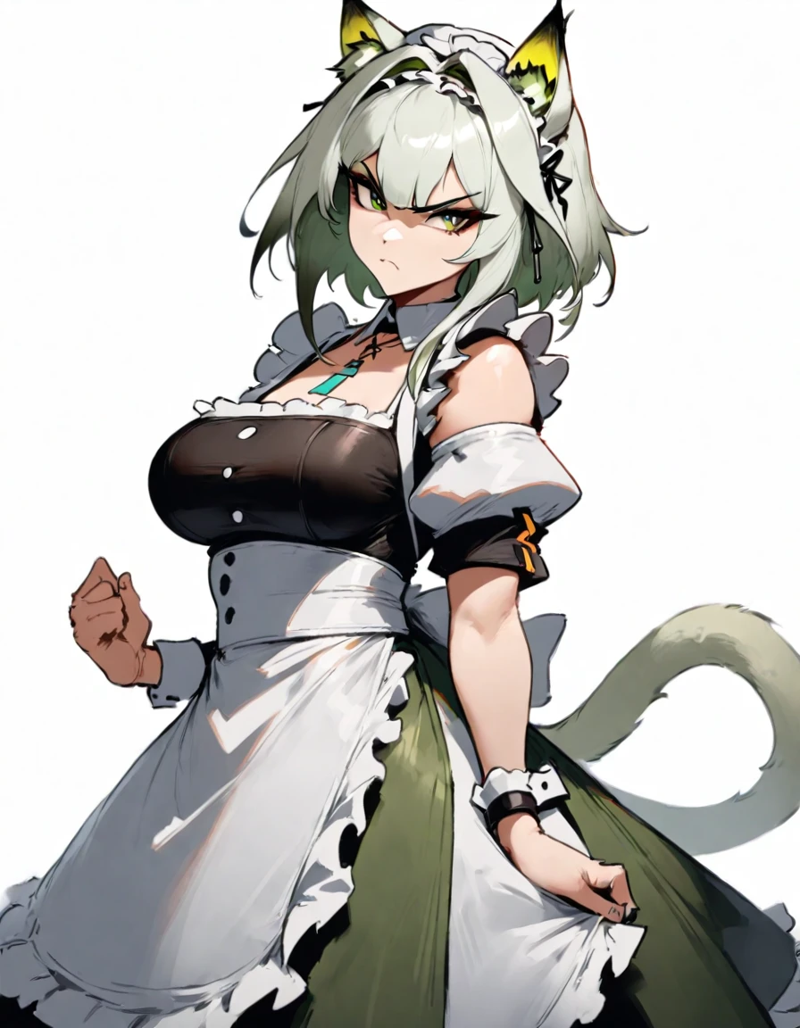 1girl, kal'tsit \(arknights\), arknights \\\\\ masterpiece, best quality, very aesthetic, absurdres, newest \\\\\\ slim body,///// ,by nyantcha,cutesexyrobutts , by khyle,,////// beautiful face, sexy, serious, angry, green eyes, animal ears, big tits,victorian maid
, solo,maid uniform, (white background:1.2),skirt