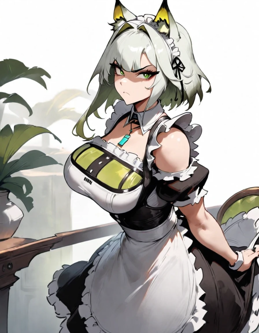 1girl, kal'tsit \(arknights\), arknights \\\\\ masterpiece, best quality, very aesthetic, absurdres, newest \\\\\\ slim body,///// ,by nyantcha,cutesexyrobutts , by khyle,,////// beautiful face, sexy, serious, angry, green eyes, animal ears, big tits,victorian maid
,  solo,maid uniform, (white background:1.2),skirt