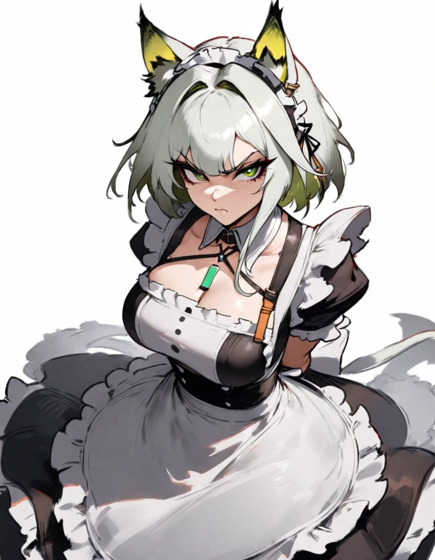 1girl, kal'tsit \(arknights\), arknights \\\\\ masterpiece, best quality, very aesthetic, absurdres, newest \\\\\\ slim body,///// ,by nyantcha,cutesexyrobutts , by khyle,,////// beautiful face, sexy, serious, angry, green eyes, animal ears, big tits,  in the center of the frame,full body ,  solo,maid uniform, (white background:1.2), sit on table,skirt