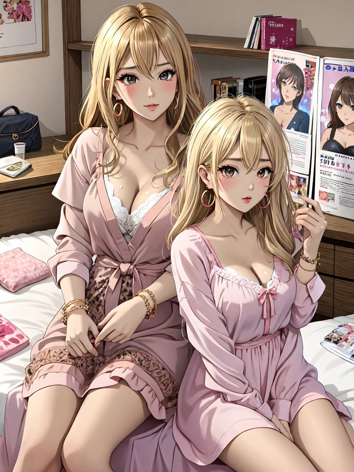 Glamorous, gyaru, girl, 2024s, Japanese, gyaru, magazine, AGEHA, morning, bedhead, blonde, hair, brown, streaks, sleepy, eye, makeup, night, dark, eyebrows, tanned, glowing, bronzed, skin, oversized, man's, dress, shirt, unbuttoned, cleavage, hint, lacy, lingerie, large, hoop, earrings, arm, party, bangles, bracelets, unmade, bed, fashion, magazines, empty, snack, bags, sipping, morning, energy, drink, bright, sunny, bedroom, setting, posters, decorations, gyaru, style, interests