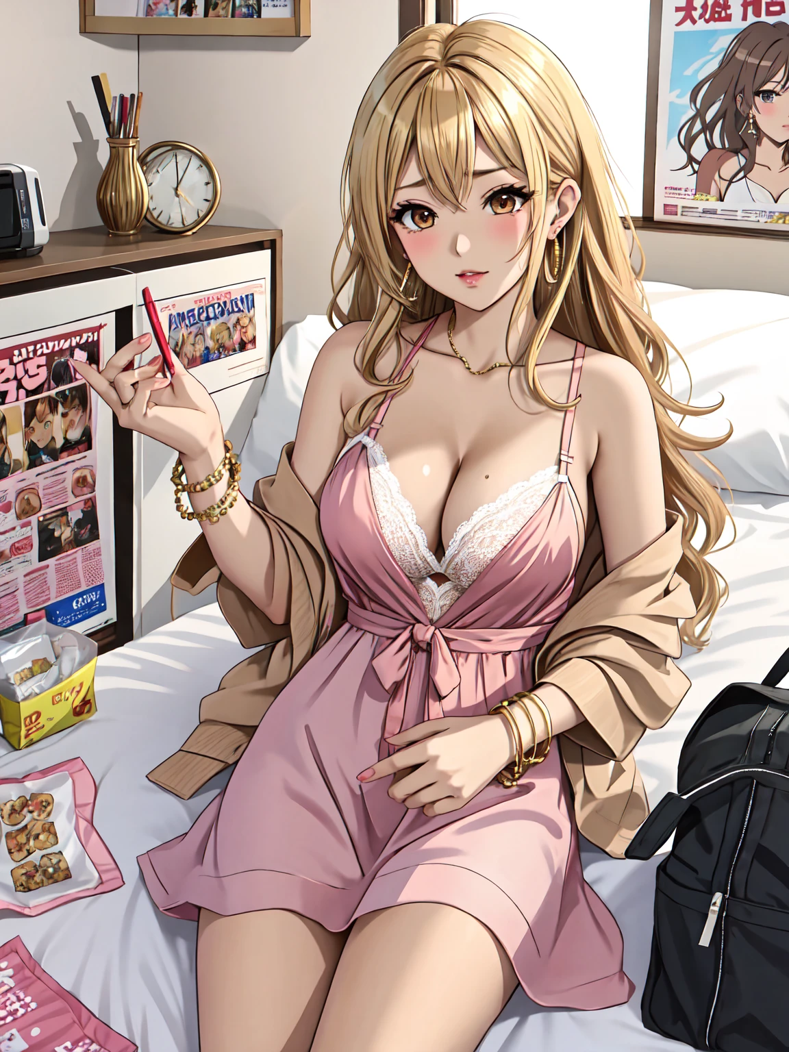 Glamorous, gyaru, girl, 2024s, Japanese, gyaru, magazine, AGEHA, morning, bedhead, blonde, hair, brown, streaks, sleepy, eye, makeup, night, dark, eyebrows, tanned, glowing, bronzed, skin, oversized, man's, dress, shirt, unbuttoned, cleavage, hint, lacy, lingerie, large, hoop, earrings, arm, party, bangles, bracelets, unmade, bed, fashion, magazines, empty, snack, bags, sipping, morning, energy, drink, bright, sunny, bedroom, setting, posters, decorations, gyaru, style, interests