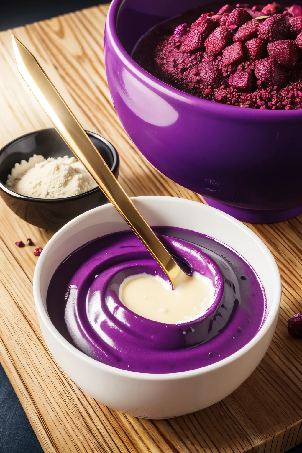 brand logo, creamy acai in a bowl, vibrant color in purple, behind the bowl, a golden sword. 