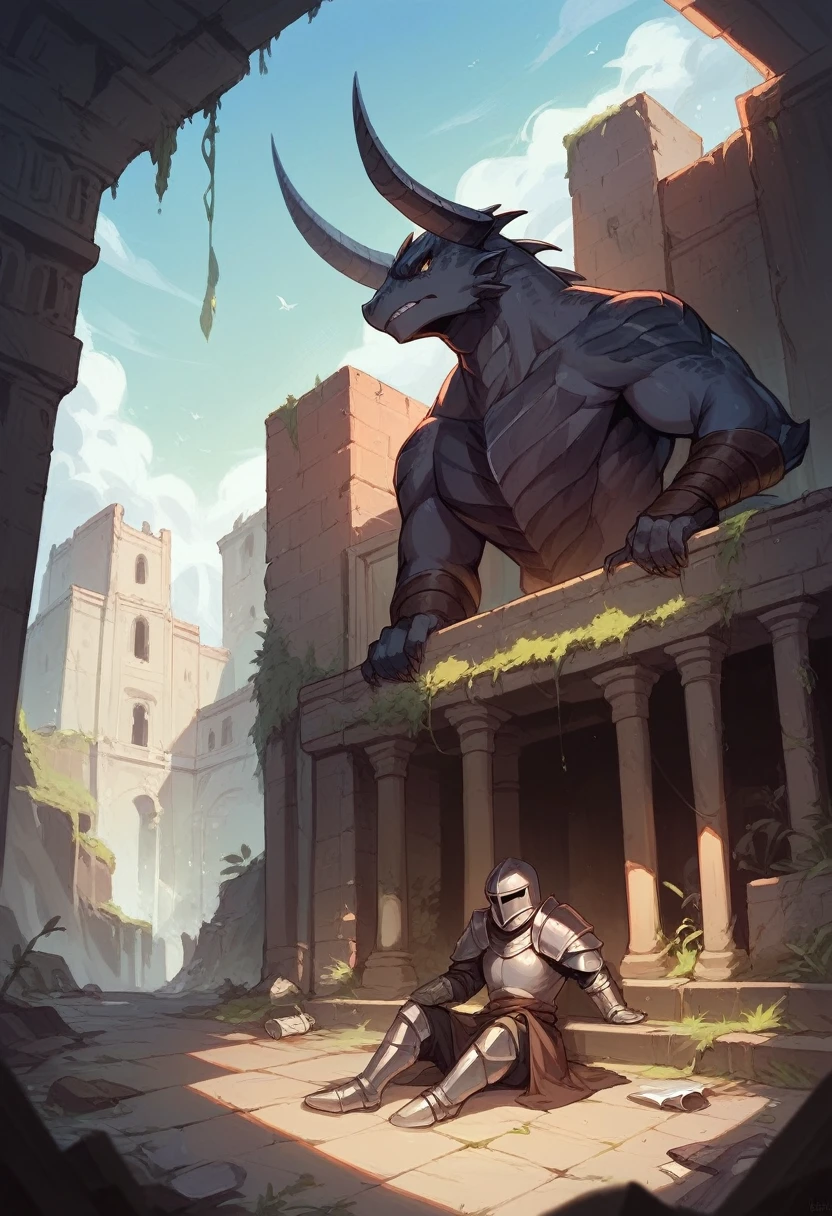 Knight, defeated dragon , in the background a girl sits on the ruins of a building