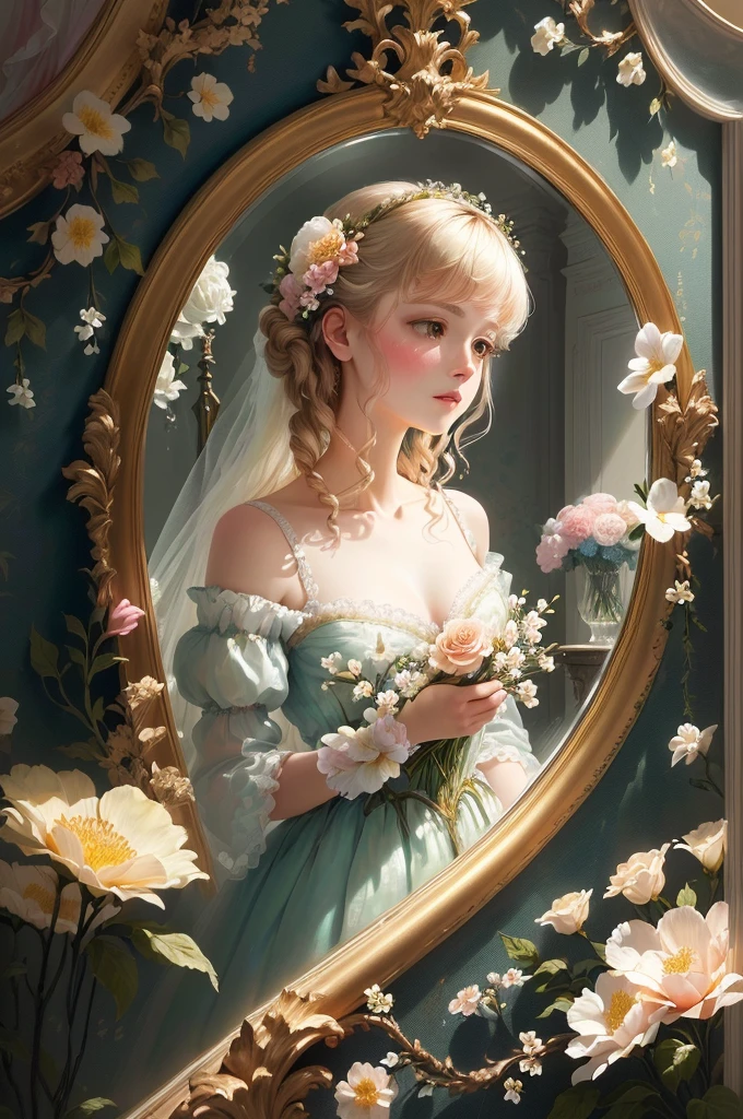 a close up of a mirror with flowers in it, a still of an ethereal, floral environment, floral painted backdrop, inspired by Anna Füssli, inspired by Jean-Honoré Fragonard, inspired by Alexandre-Évariste Fragonard, by Anna Füssli, hauntingly beautiful art, humanoids overgrown with flowers