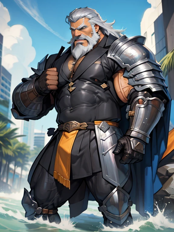 burly virile hairy elf, in a suit of armor, a himbo muscle daddy, middle-aged dilf, hirsute, overmuscular and musclebound, bulging veiny muscles, a warrior's build, a bodybuilder's physique, long bushy and a thick mustache, a square jaw, handsome and dreamy, rugged and manly, grey hair, a gladiator in the arena