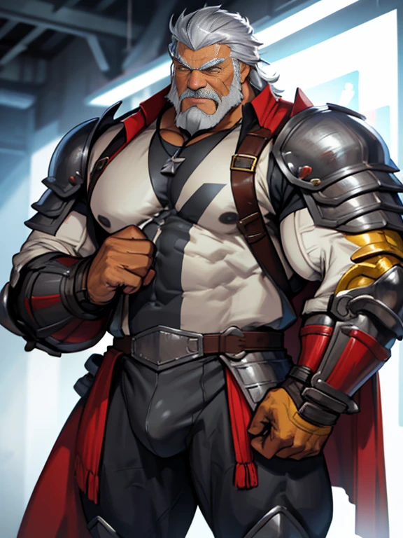 burly virile hairy werelion, in a suit of armor, a himbo muscle daddy, middle-aged dilf, hirsute, overmuscular and musclebound, bulging veiny muscles, a warrior's build, a bodybuilder's physique, long bushy and a thick mustache, a square jaw, handsome and dreamy, grey hair, a knight clad in full armor