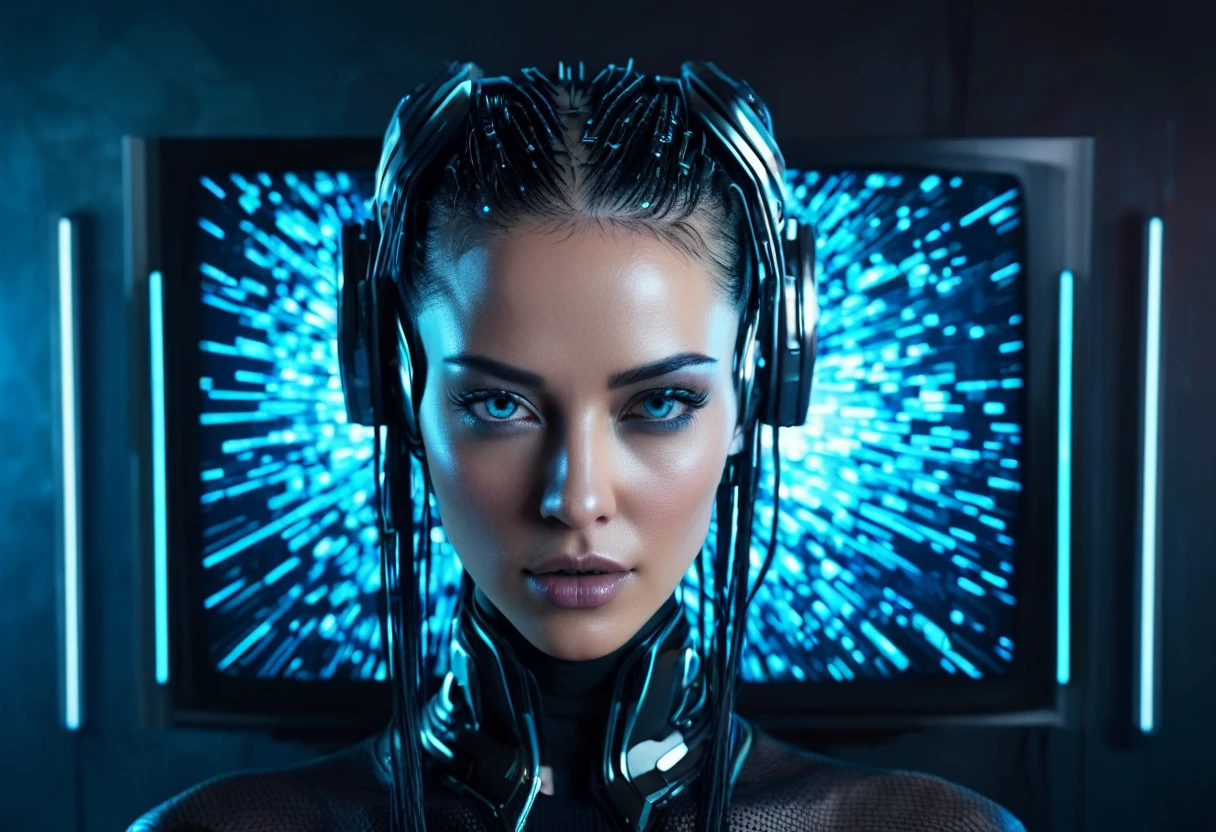 a cybernetic femme face coming out from a flat screen like 3d going out from tv cyberpunk background