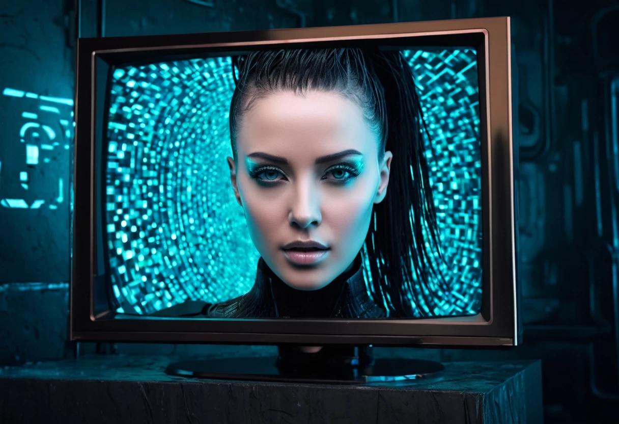 a cybernetic femme face coming out from a flat screen like 3d going out from tv cyberpunk background 