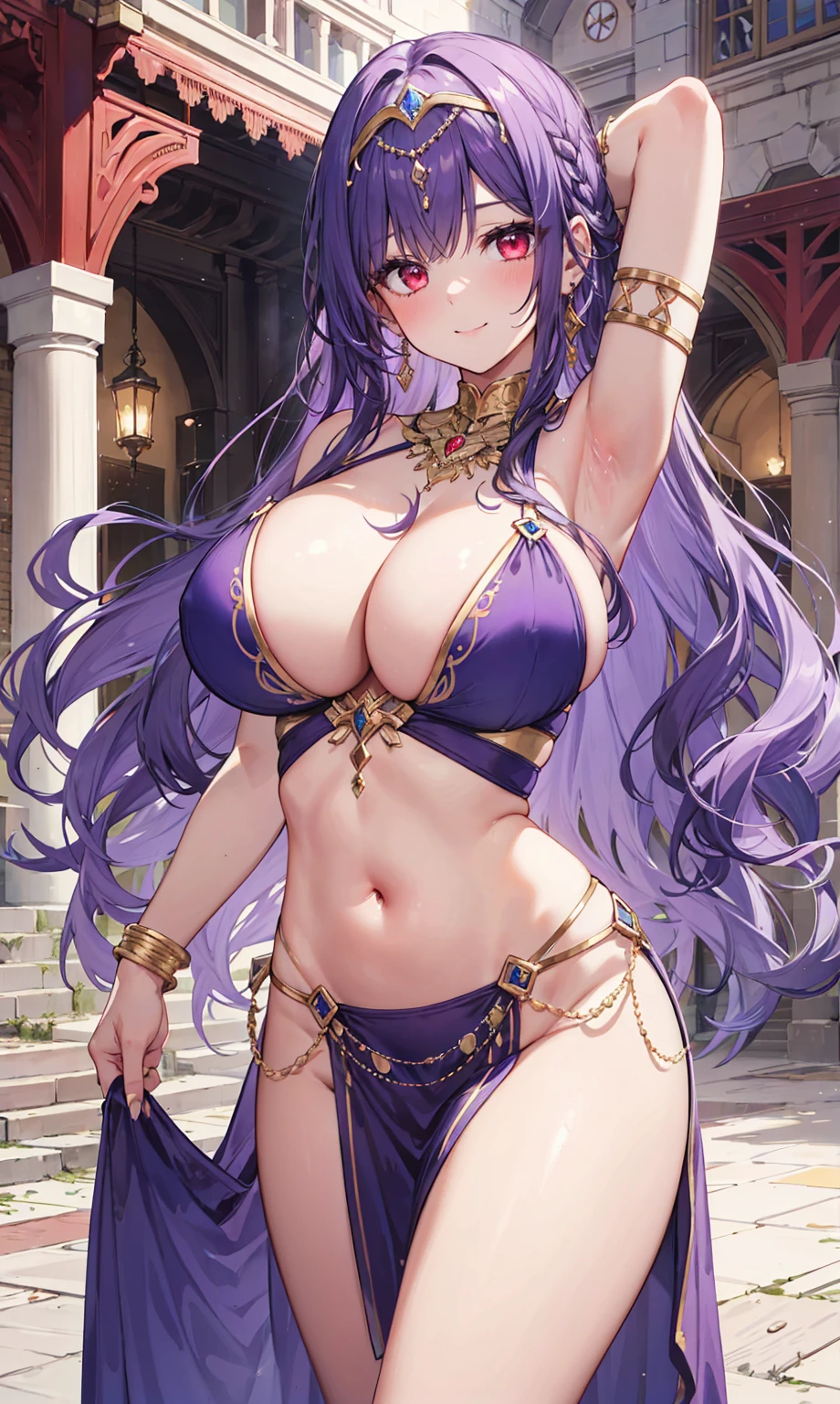 high quality, ultra detailed, best quality, insanely detailed, beautiful, masterpiece, 1girl, medieval plaza, cowboy shot, red eyes, long hair, purple hair, belly dancer, circlet, earrings, armlets, bracelets, bashful smile, large breasts, cleavage, soft stomach