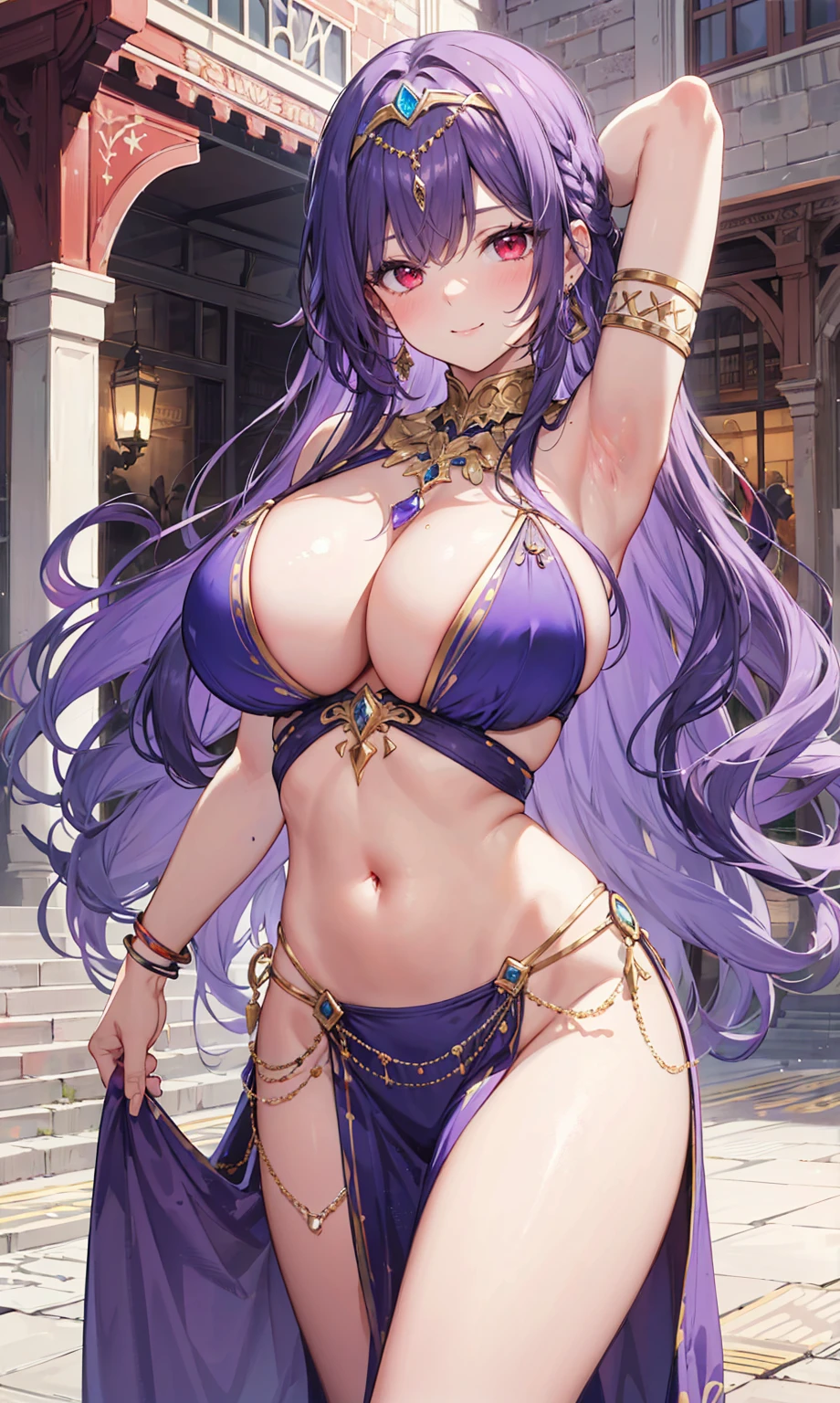 high quality, ultra detailed, best quality, insanely detailed, beautiful, masterpiece, 1girl, medieval plaza, cowboy shot, red eyes, long hair, purple hair, belly dancer, circlet, earrings, armlets, bracelets, bashful smile, ?????????????, cleavage, soft stomach