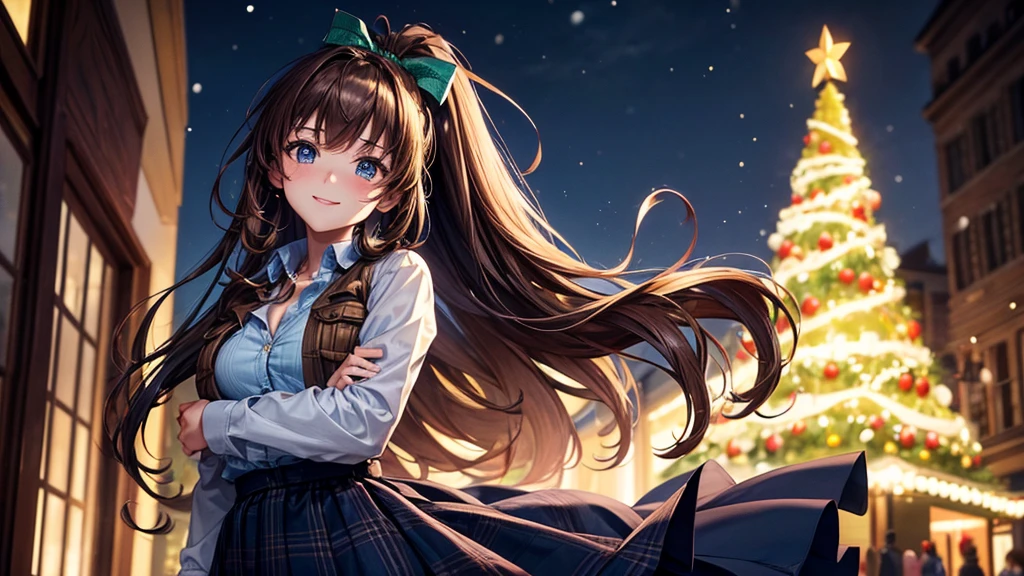 (Masterpiece, Best Quality, High Quality), 1girl, solo, moist skin, volumetric lighting, christmas, ((christmas tree)), street, night, lights, snow, long hair, brown hair, curly hair, ponytail, large , button down, ((opened brown zipper jacket)), dark blue eyes, ((blue shirt)), ((checked shirt)), ((unbuttoned shirt)), ((long skirt)), smile, looking at the viewer, standing, hair ribbon