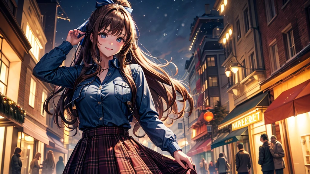 (Masterpiece, Best Quality, High Quality), 1girl, solo, moist skin, volumetric lighting, christmas, ((christmas tree)), street, night, lights, snow, long hair, brown hair, curly hair, ponytail, large breasts, button down, ((opened brown zipper jacket)), dark blue eyes, ((blue shirt)), ((checked shirt)), ((unbuttoned shirt)), ((long skirt)), smile, looking at the viewer, standing, hair ribbon