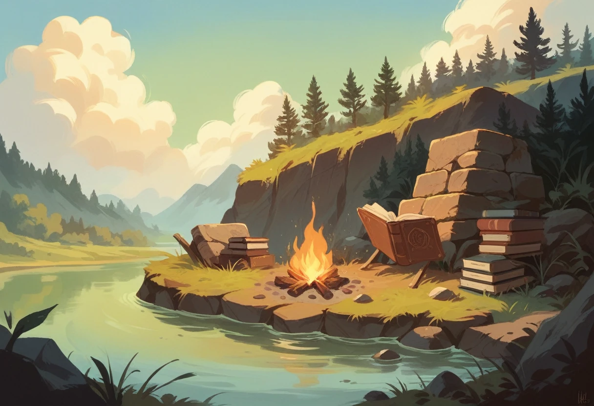 Landscape of a forest with a tree in the middle, a lake with a rock that has a book on top, a campfire with a wall of ancient stones