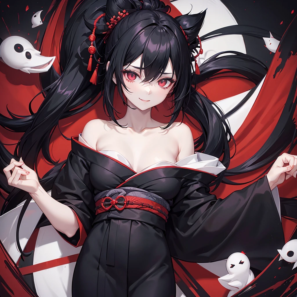 girl with black hair tied up, very pale skin, body chained, slight sarcastic smile, left hand covering her left eye, red kimono on the right side falling over her shoulders, around her several dark evil creatures like black figures. image and dark pastel colors.