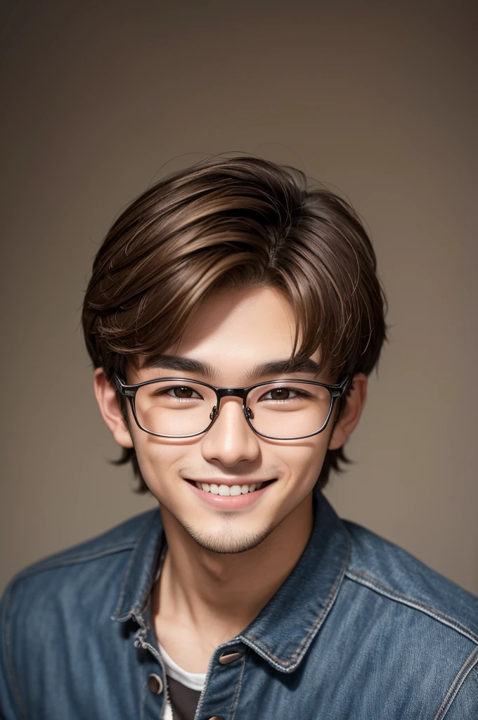 26 year old young man, dark brown hair with blonde highlights, thin short, wearing glasses, smile cute, pointy nose