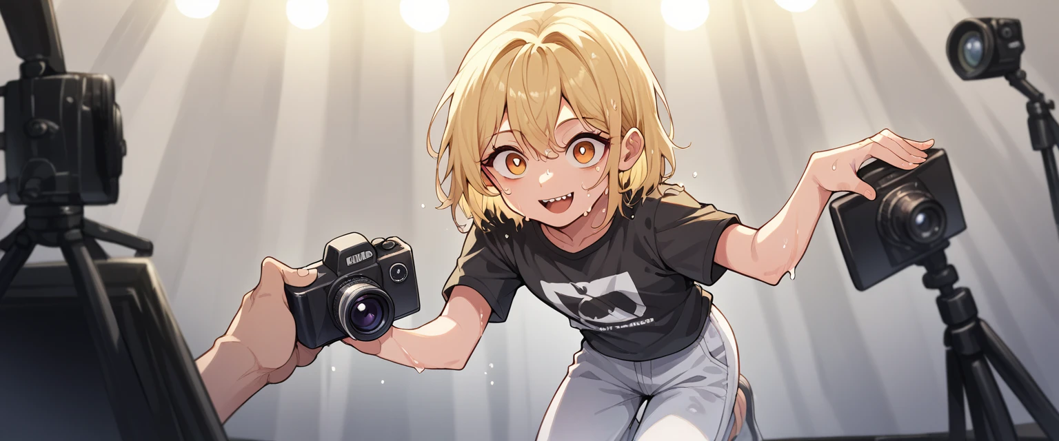 Pretty  body ,hold camera , sharp eye , left eye close, look on camera , cute , front of concert stage , focus body  , korean face ,rockstar body , wear white pants and black tshirt ,cute smile ,blonde hair , wet hair , hair oranment ,circle earrimgs ,{full body}
