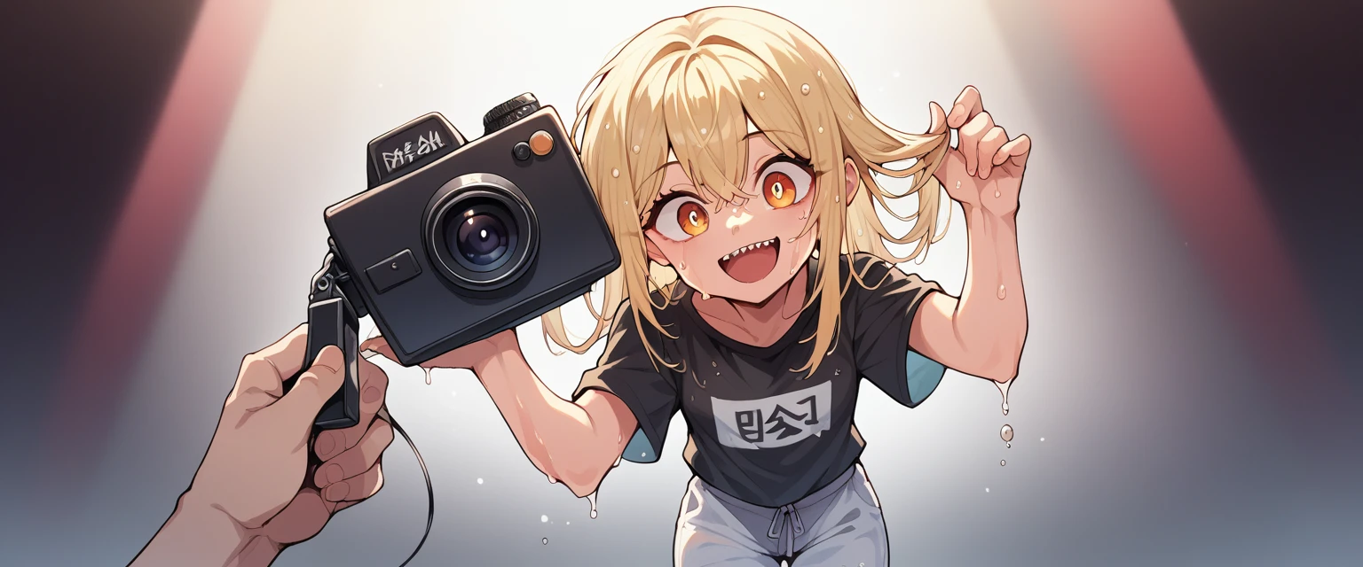 Pretty body ,hold camera , sharp eye , left eye close, look on camera , cute , front of concert stage , focus body , korean face ,rockstar body , wear white pants and black tshirt ,cute smile ,blonde hair , wet hair , hair oranment ,circle earrimgs ,{full body}