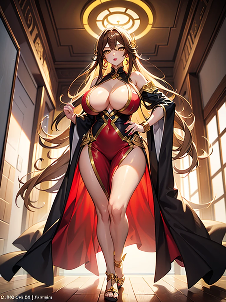 masterpiece, Best Quality, High resolution,, One girl、good quality, Full body photo, 1 Female, Huge boobs, Huge , White skin, Pretty face, Yellow Eyes, Long Hair, Light brown hair, eyeliner, Red eyeshadow, Red lips, Red adventure suit, Gold earrings, Hiro Mashima&#39;s art style,Bare breasts、((Nipples are visible:1.7)),Puffy nipples、Naked 、High leg