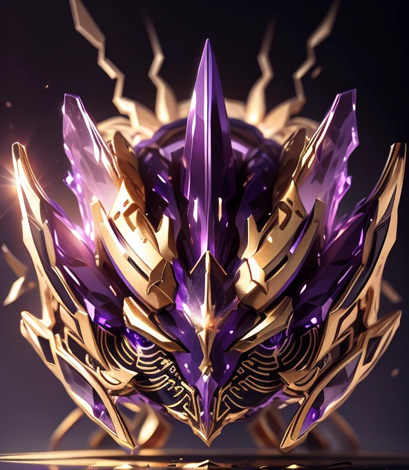 The whole face is filled with gold and purple interweaving，And there are quite a lot of gorgeous engravings all over the body，Let them coexist，This can also be done around the eyes. The entire face should be a transparent purple and gold color without any other colors.，It does not contain any other colors.，Purple crystal and gold lines as transparent state，There should be a lot of crystal effects like transparent crystal，Add some gold thread for decoration。The color changes to purple and gold，Some purple and gold（Ensure its layering and armor texture，Purple is the main color，Add some gold for decoration）
