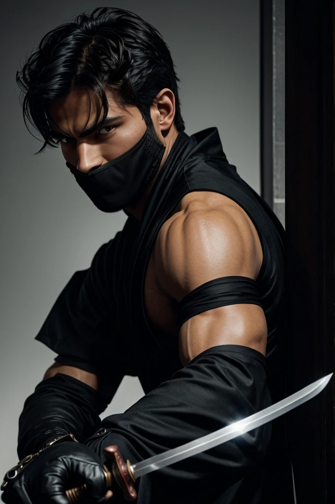 Personnage au regard noir plutôt beau gosse avec un katana dans le dos et portant un masque