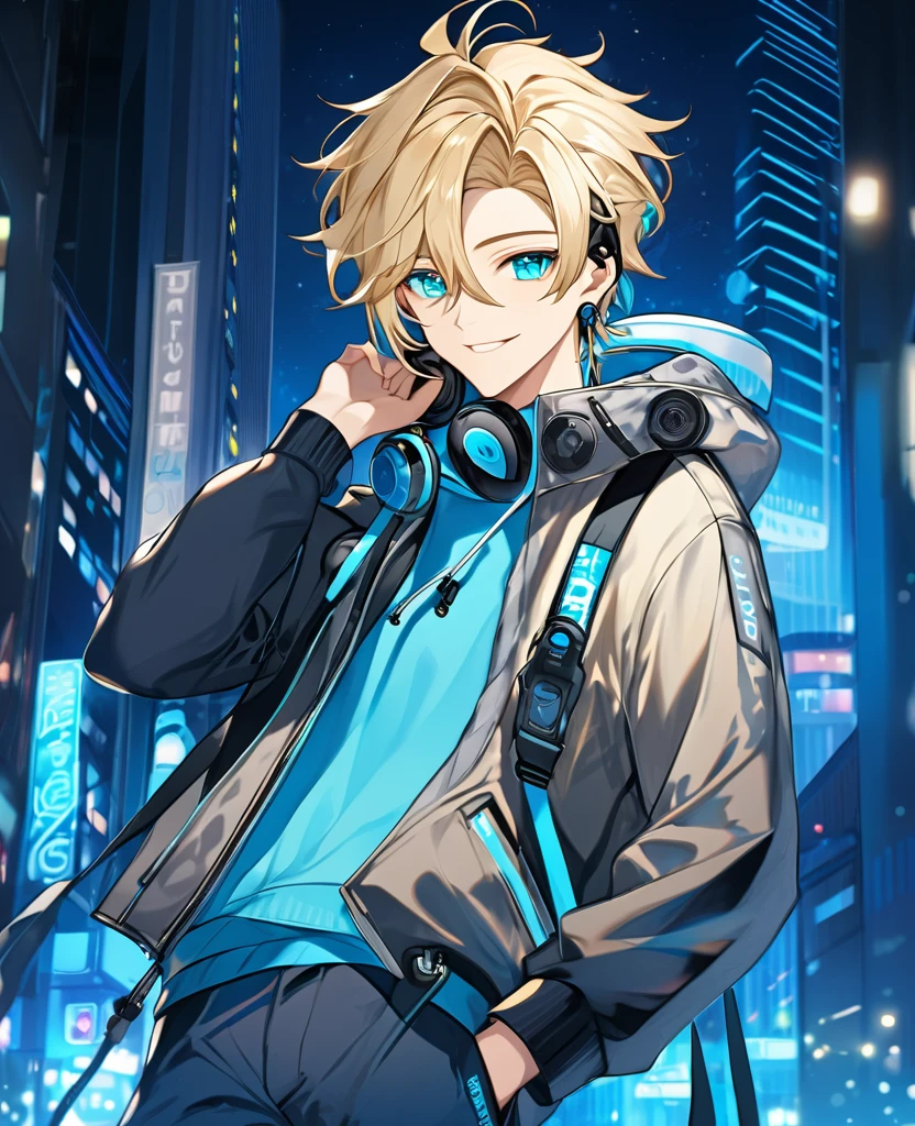  (Blonde_hair),(long_male_hair), (cyan_vibrant_eyes), (detailed_eyes), (warm_smile), (attractive), (background_colorful_night_city), (male), (detailed_Hair), (detailed), (wears_19's_outfit), (uses_headphones)